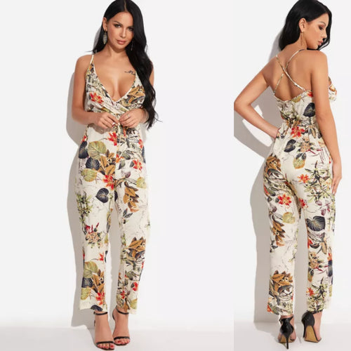 Floral Print V-Neck Sleeveless Backless Design Waisted Jumpsuit