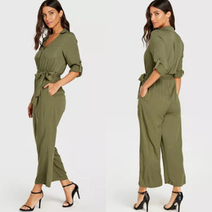 Army Green Belted Wide Leg Elegant Jumpsuit with Zip