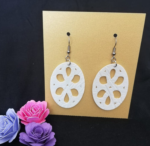 White Floral Design Round Faux Leather Earring Set