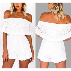 Off the Shoulder Lace Eyelet Playsuit in White