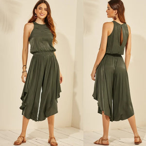 Army Green Cut-out Halter Casual Jumpsuit