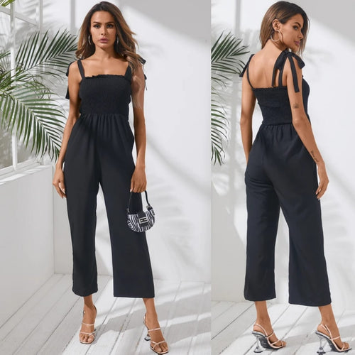 Black Shirring Design Tube with Self-tie Bow Straps Jumpsuit