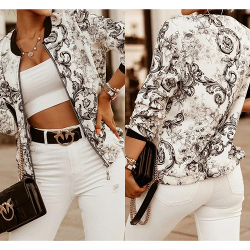 Black Floral Front Zip with Long Sleeves Jacket
