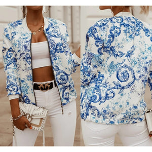 Blue Floral Front Zip with Long Sleeves Jacket
