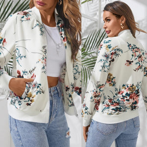 Floral White Collar Jacket with Side Pockets