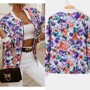 Purple Floral Front Zip with Long Sleeves Jacket