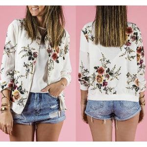White Floral Zip Front Long Sleeves Jacket