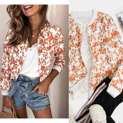 Orange Floral Print Zip Front Jacket