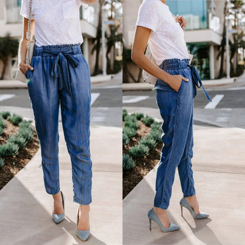 Blue Belted Design Knotted High Waisted Jeans
