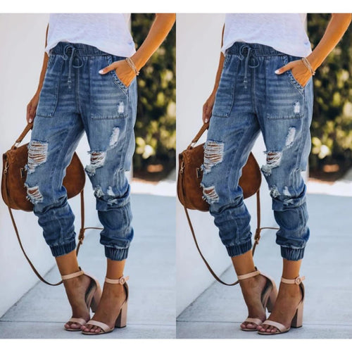 Ripped Detailed Jeans with Drawstring Waist & Side Pockets