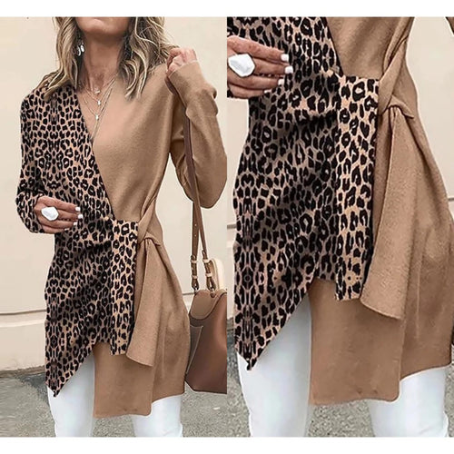 Camel Crossed Front Design Leopard Print V-Neck Coat with Long Sleeves
