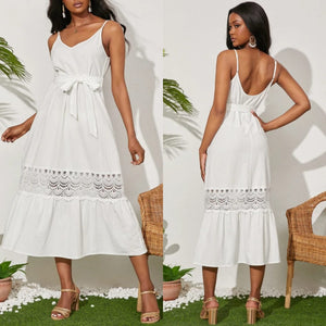 White Belted Design Backless Hollow Spaghetti Strap Maxi Dress