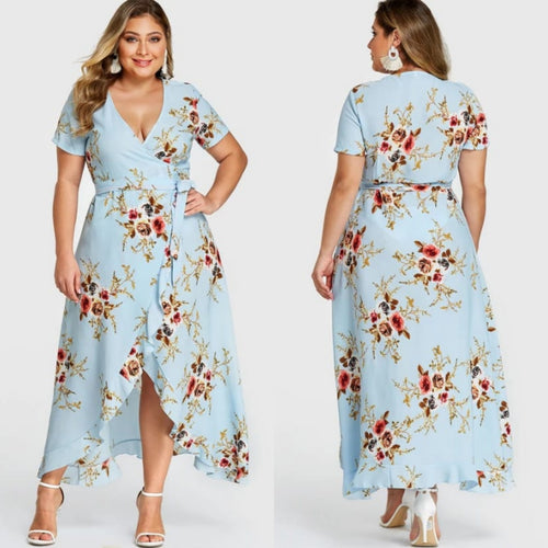 Blue Ruffle Trim Floral Print Wrap Dress