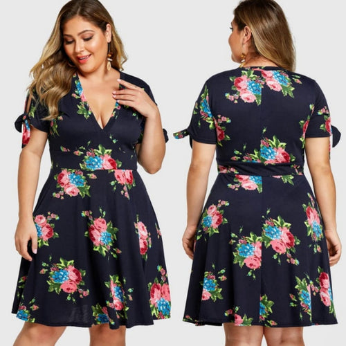 Navy Floral Print V-Neck Knotted Cuff Sleeves Dress
