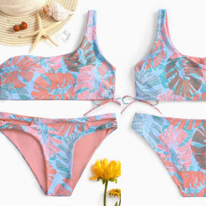 Pink Tropical Print Asymmetrical Lace up Bikini Set