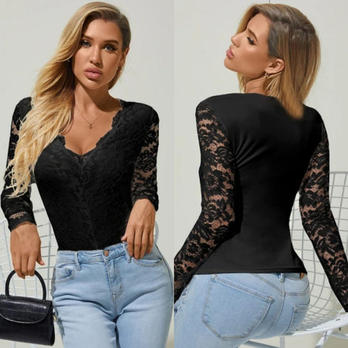 Black Lace See-through V-Neck Sexy Long Sleeves Top