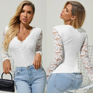 White Lace See-through V-Neck Sexy  Long Sleeves Top