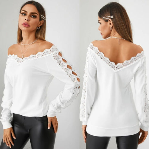 White Lace Patchwork Hollow Design V-Neck Long Sleeves Top