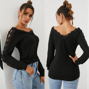 Black Lace Patchwork Hollow Design V-Neck Long Sleeves Top
