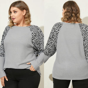 Grey Plus Size Crew Neck Leopard Print Waffle Knit  Knitwear