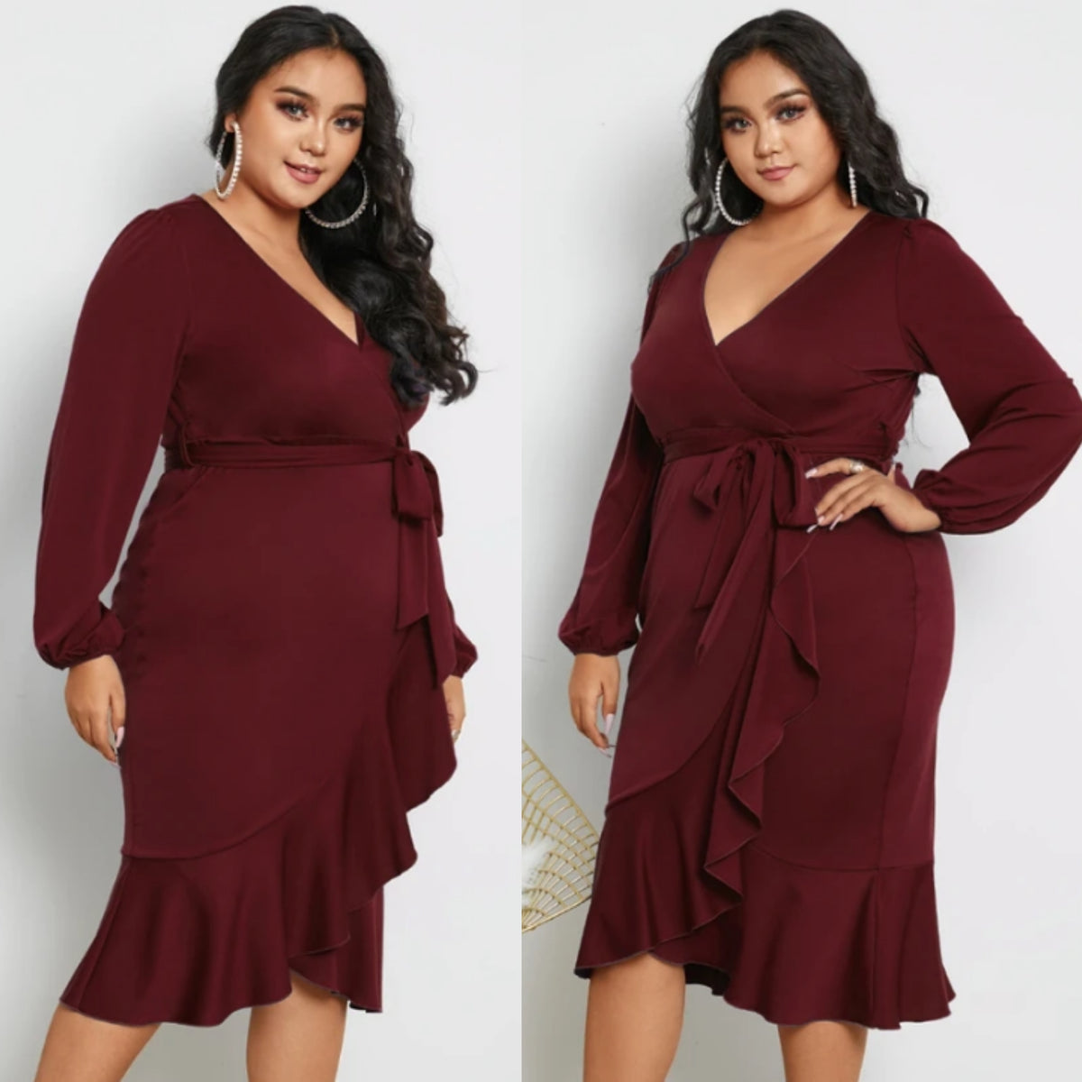 Burgundy Plus Size Deep V-Neck Belt Design Wrap Midi Dress – Chasing Trends  Fashion