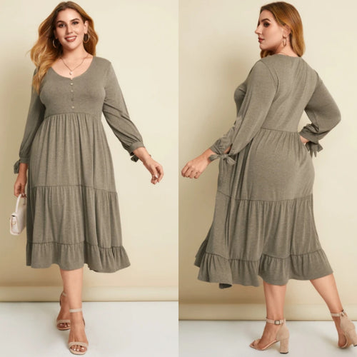 Army Green Plus Size Scoop Neck Pleated Design Long Sleeves Midi Dress