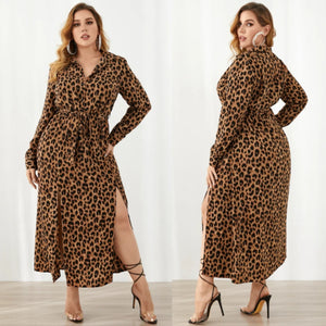 Plus Size Classic Collar Leopard Print Belt Design Maxi Dress