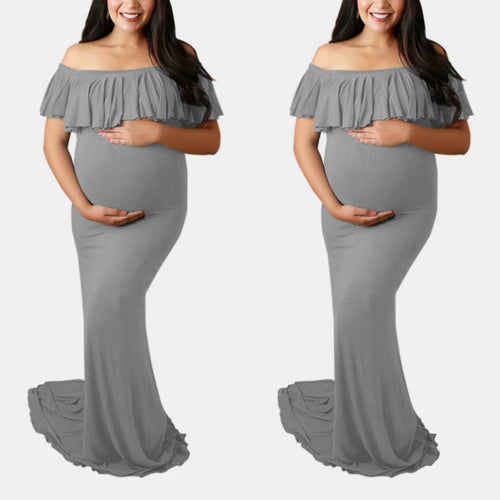 Grey Off the Shoulder Ruffled Design Maternity Dress