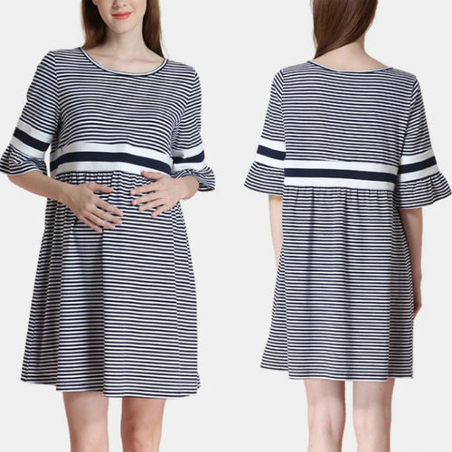 Blue Stripe Pattern Zip Design Flared Sleeves Maternity Dress