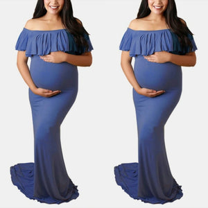 Blue Off the Shoulder Ruffled Design Maternity Dress