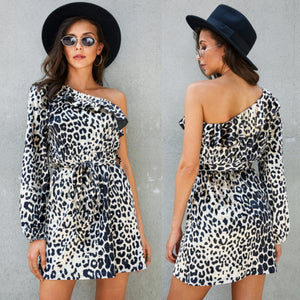 Apricot Beige Leopard Print Belt Design One Shoulder Ruffle Trim Mini Dress