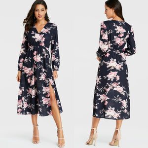 Navy Floral Print Crossed Front Design Slit Hem Maxi Dress
