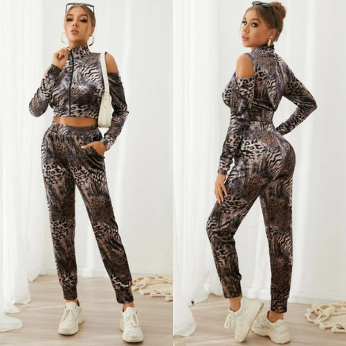 Leopard Print Zip Design Cold Shoulder Long Sleeves Crop Top & Pants Set