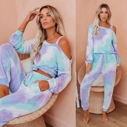 Blue Tie Dye Cold Shoulder Long Sleeves Two Piece Outfit