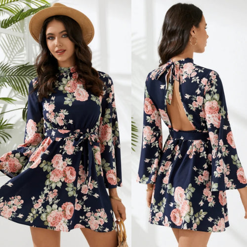 Navy Crew Neck Floral Print Backless Self-tie Long Sleeves Belted Mini Dress