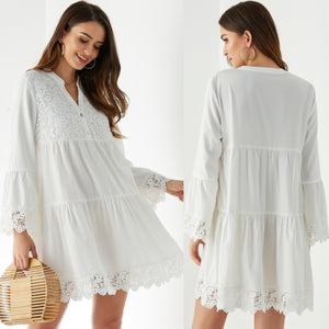 White Button Design V-Neck Bell Long Sleeves Lace Dress