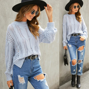 Hollow Design Cable Knit Round Neck Long Sleeves Sweater (Multiple)