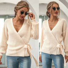 Load image into Gallery viewer, Crossed Front Wrap Design Tie-up Deep V-Neck Sweater (Multiple)