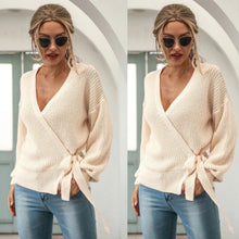 Load image into Gallery viewer, Crossed Front Wrap Design Tie-up Deep V-Neck Sweater (Multiple)