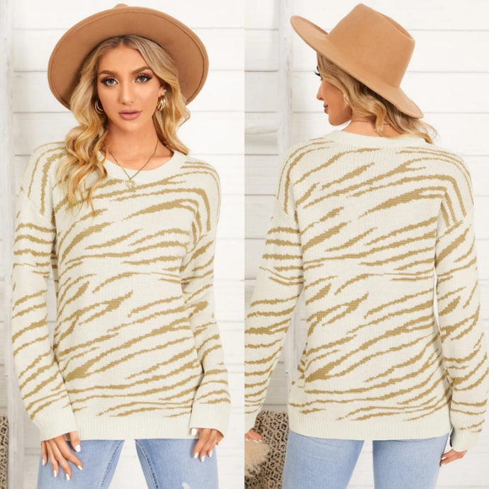Beige Zebra Stripe Round Neck Sweater