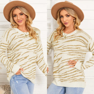 Beige Zebra Stripe Round Neck Sweater