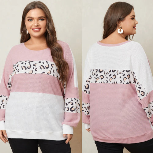Plus Size Pink Round Neck Leopard Print Patchwork Sweater