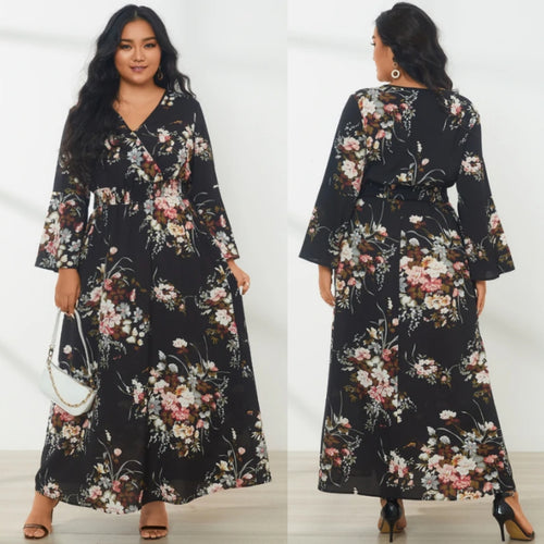Plus Size Black Floral Print V-Neck Wrap Design Elastic Strap Maxi Dress