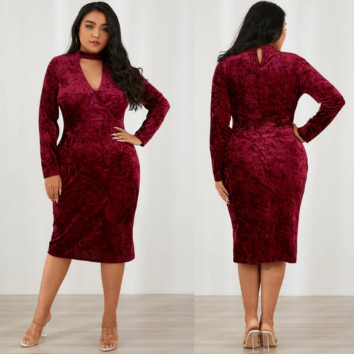 Plus Size Red Crew Neck Cut-out Long Sleeves Midi Dress