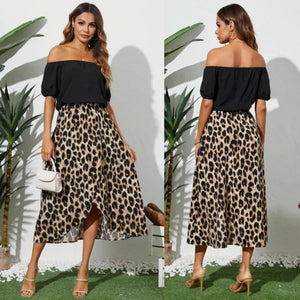 Off the Shoulder Leopard Print Slit Design Wrap Hem Puff Sleeves Midi Dress (Multiple)