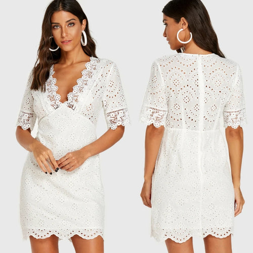 White Lace Insert with Lining Deep V-Neck Half Sleeves Mini Dress