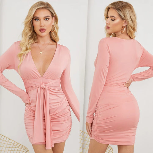 Pink Deep V-Neck Tie-up Design Long Sleeves Ruched Bodycon Mini Dress
