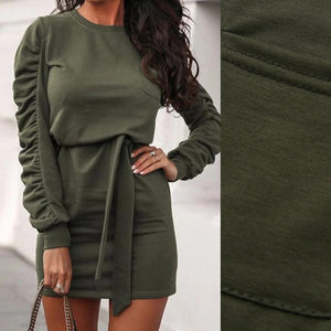 Army Green Belted Ruched Lace-up Design Round Neck Long Sleeves Sweater Mini Dress
