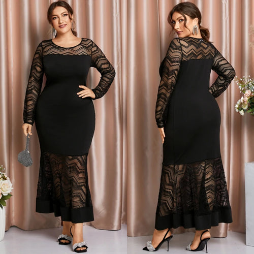 Crew Neck Lace Patchwork Design Long Sleeves Bodycon Maxi Dress (Multiple)