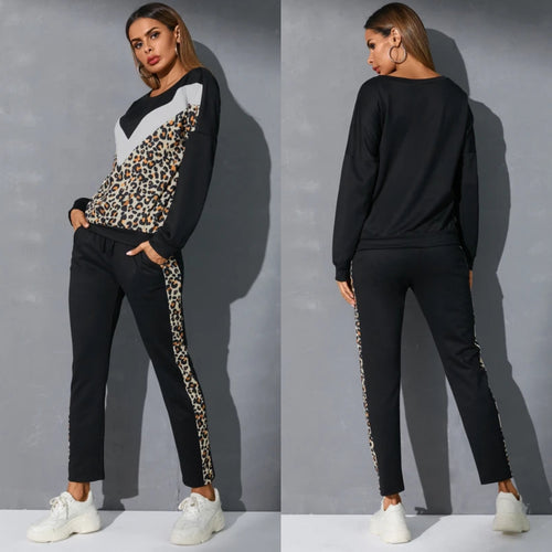 Black Leopard Print Patchwork Round Neck Long Sleeves Sporty Tracksuit